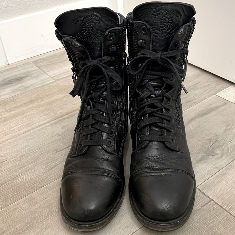 Chanel Calfskin Quilted Lace Up Combat Boots - size 38.5